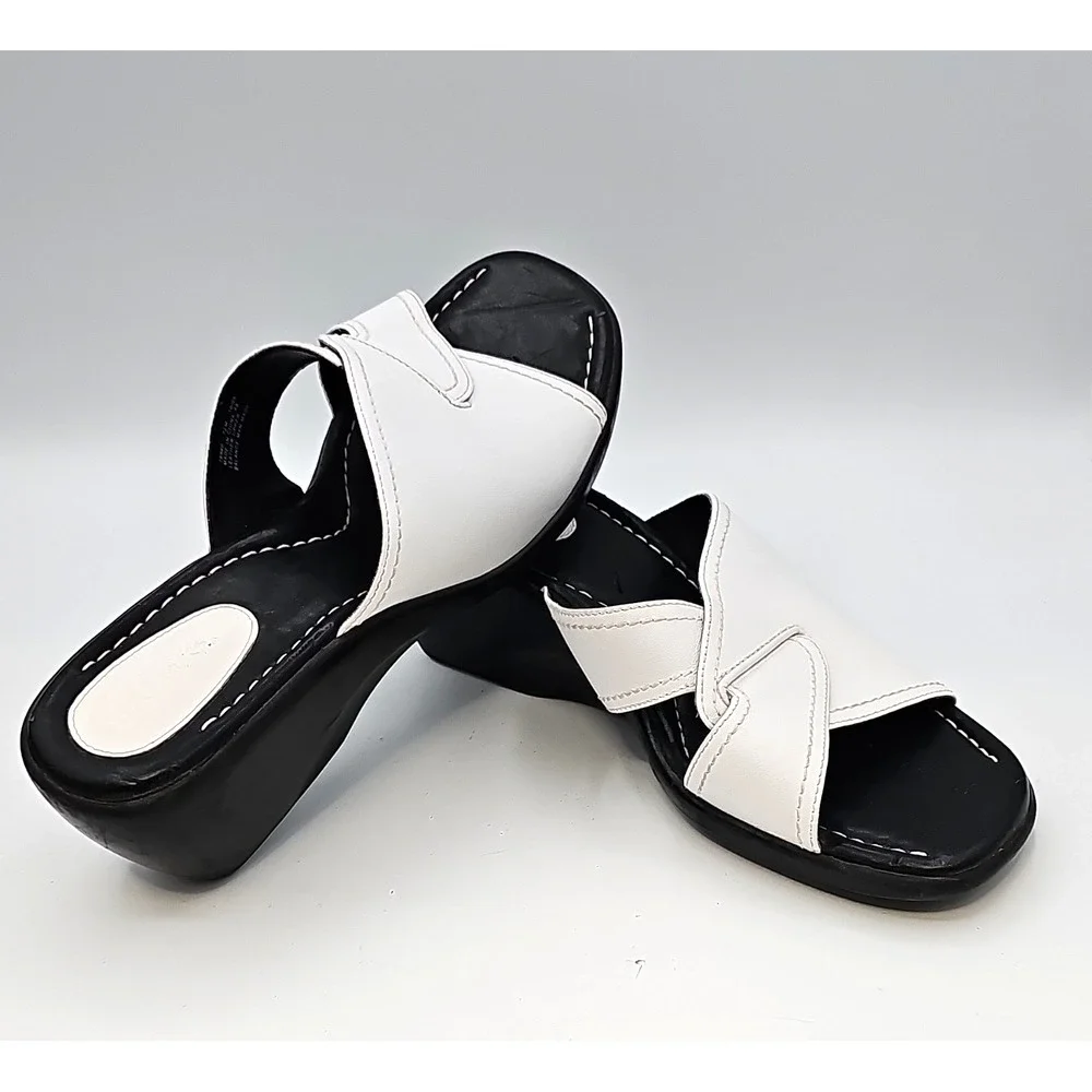 Clarks Black & White Leather Slide Wedge Sandals Size 7.5M